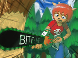 Rule 34 | 1girl, animal ears, animal nose, artist request, blouse, blue eyes, body fur, chainsaw, colored skin, denim, emphasis lines, english text, furry, furry female, horns, jeans, lammy (um jammer lammy), motion blur, orange skin, pants, print shirt, red hair, red shirt, shirt, solo, um jammer lammy, you&#039;re doing it wrong