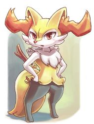 Rule 34 | 1girl, animal ear fluff, animal ears, animal hands, animal nose, black fur, blush, body fur, braixen, creatures (company), female focus, flat chest, fox ears, fox girl, fox tail, full body, furry, furry female, game freak, gen 6 pokemon, hands on own hips, looking at viewer, multicolored fur, neck fur, nintendo, nousen, open mouth, pokemon, pokemon (creature), red eyes, simple background, snout, solo, standing, stick, tail, white fur, yellow fur