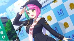 Rule 34 | 1girl, blue sky, building, dolphin wave, green hair, hat, helly lewis, highres, long sleeves, microphone, microphone stand, multicolored hair, official art, ootomo takuji, open mouth, orange eyes, police, police hat, police uniform, policewoman, purple hair, salute, sky, smile, solo, tree, two-tone hair, uniform