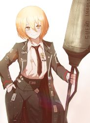 Rule 34 | 1girl, absurdres, black coat, black necktie, blonde hair, coat, don quixote (project moon), hand in pocket, highres, holding, holding polearm, holding weapon, kekel, lance, limbus company, long sleeves, name tag, necktie, polearm, project moon, shirt, weapon, white background, white shirt, yellow eyes