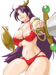 Rule 34 | 1girl, athena (series), bikini, bow, breasts, cleavage, fingerless gloves, gloves, hair bow, large breasts, legs, long hair, looking at viewer, navel, pink lips, princess athena, purple eyes, purple hair, red bikini, shield, smile, snk, solo, swimsuit, sword, thighs, weapon