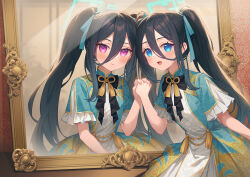 Rule 34 | &lt;key&gt; (blue archive), 2girls, aris (blue archive), black hair, blue archive, blue eyes, blue halo, blue ribbon, blush, closed mouth, different reflection, double-parted bangs, dress, dual persona, female focus, frilled sleeves, frills, hair between eyes, hair ribbon, halo, hand up, holding hands, interlocked fingers, kutori pan&#039;ya, long hair, long hair between eyes, looking at viewer, mirror, multiple girls, open mouth, pink eyes, reflection, ribbon, short sleeves, sidelocks, smile, through medium, through mirror, twintails, very long hair