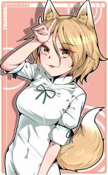 Rule 34 | 1girl, animal ears, blonde hair, breasts, brown eyes, character name, commentary request, covered navel, finger touching, fox ears, fox girl, fox shadow puppet, fox tail, green ribbon, highres, kudamaki tsukasa, mandarin collar, medium breasts, papaya (neopapaya2020), pink background, puffy short sleeves, puffy sleeves, ribbon, romper, short hair, short sleeves, tail, tongue, tongue out, touhou, white romper