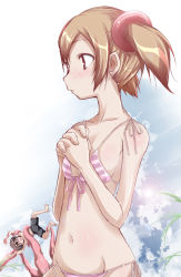 Rule 34 | 10s, 1boy, 1girl, bad id, bad pixiv id, bikini, black hair, blush, brown hair, child, groin, kirito, navel, open mouth, short twintails, shorts, side-tie bikini bottom, silica, string bikini, striped bikini, striped clothes, swimsuit, sword art online, tentacles, twintails, yumesato makura