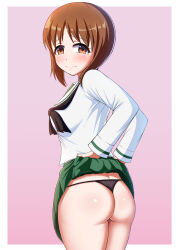 Rule 34 | 1girl, ass, blush, breasts, brown eyes, brown hair, clothes lift, from behind, frown, girls und panzer, highres, lifted by self, looking at viewer, looking back, medium breasts, mugen mousou, nishizumi miho, ooarai school uniform, panties, short hair, skirt, skirt lift, solo, underwear