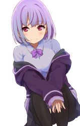 Rule 34 | 10s, 1girl, bad id, bad pixiv id, black pantyhose, bow, breasts, collared shirt, gridman universe, highres, icehotmilktea, jacket, large breasts, light purple hair, long sleeves, looking at viewer, off shoulder, pantyhose, purple jacket, red eyes, school uniform, shinjou akane, shirt, short hair, sitting, skirt, smile, solo, ssss.gridman, white shirt