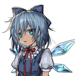 Rule 34 | 1girl, blue bow, blue eyes, blue hair, bow, cirno, eyes visible through hair, frilled shirt collar, frills, hair bow, ice, ice wings, looking at viewer, manarou, medium hair, neck ribbon, parted lips, puffy short sleeves, puffy sleeves, red ribbon, ribbon, short sleeves, sideways glance, simple background, sketch, solo, touhou, tsurime, upper body, white background, wing collar, wings