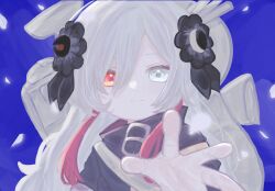 Rule 34 | 1girl, black coat, black flower, blue background, close-up, coat, commentary request, faoru ofuton, flower, hair flower, hair ornament, hair over one eye, heterochromia, highres, isekai joucho, kamitsubaki studio, light smile, long hair, looking at viewer, multicolored hair, outstretched hand, reaching, reaching towards viewer, red eyes, red hair, solo, two-tone hair, virtual youtuber, white eyes