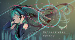 Rule 34 | 1girl, absurdres, aqua eyes, aqua hair, aqua nails, aqua necktie, artist name, bare shoulders, black sleeves, cable, character name, commentary, crying, crying with eyes open, detached sleeves, floating hair, graphic equalizer, grey shirt, hair ornament, hands on headphones, hands up, hatsune miku, headphones, headset, heart, highres, long hair, looking at viewer, nail polish, necktie, potato (user vmjc8744), shirt, shoulder tattoo, sleeveless, sleeveless shirt, solo, sparkle, star (sky), tattoo, tears, twintails, upper body, very long hair, vocaloid, wavy mouth
