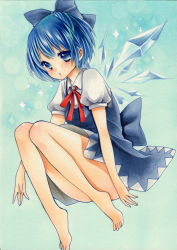 Rule 34 | 1girl, :o, absurdres, bad id, bad pixiv id, barefoot, blue background, blue dress, blue eyes, blue hair, bow, cirno, convenient leg, dress, hair bow, highres, kuroyagi (what a 0205), looking at viewer, marker (medium), matching hair/eyes, puffy short sleeves, puffy sleeves, ribbon, short hair, short sleeves, simple background, solo, sparkle, touhou, traditional media, wings