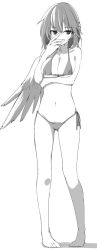 Rule 34 | 1girl, bare arms, bare legs, bare shoulders, barefoot, bikini, blush, braid, breast hold, breasts, cleavage, closed mouth, collarbone, covering face, embarrassed, french braid, frown, full body, greyscale, kamukamu (ars), kishin sagume, large breasts, legs apart, looking at viewer, monochrome, navel, ribbon, short hair, side-tie bikini bottom, single wing, solo, standing, stomach, swimsuit, touhou, tsurime, white background, wings
