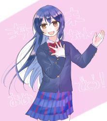 Rule 34 | 1girl, artist name, artist request, blue cardigan, blue hair, blue jacket, blue skirt, blush, bow, bowtie, breasts, buttons, cardigan, checkered clothes, checkered skirt, collared shirt, female focus, hair between eyes, hand on own chest, highres, jacket, long hair, long sleeves, looking at viewer, love live!, love live! school idol project, miniskirt, nail, nail polish, otonokizaka school uniform, parted lips, pink background, pink nails, pink nails, plaid, plaid skirt, pleated, pleated skirt, red bow, school uniform, shirt, skirt, small breasts, smile, solo, sonoda umi, striped, striped bow, sweater vest, undershirt, vest, white shirt, wing collar, yellow eyes, yellow vest