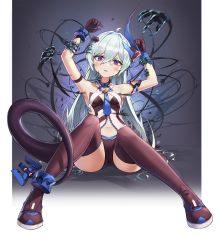 Rule 34 | aliceblue, arm strap, armlet, armpits, arms up, bad id, bad pixiv id, bare shoulders, black gloves, black thighhighs, blue eyes, blush, boots, bound, breasts, brown footwear, cuffs, dress, gloves, hair between eyes, hair ornament, hair ribbon, head tilt, highres, honkai (series), honkai impact 3rd, liliya olenyeva, long hair, looking at viewer, navel, open clothes, open dress, open mouth, ribbon, shackles, sitting, small breasts, solo, spread legs, tail, tearing up, thigh boots, thighhighs, white thighhighs