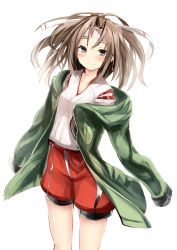Rule 34 | 10s, 1girl, blush, brown eyes, brown hair, cowboy shot, headband, highres, hood, hoodie, japanese clothes, kantai collection, long hair, looking at viewer, open clothes, open hoodie, shorts, simple background, solo, white background, yoshizawa tsubaki, zuihou (kancolle)