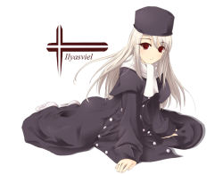 Rule 34 | 00s, 1girl, albino, arm support, black hat, blush, buttons, capelet, double-breasted, dress, eyebrows, fate/stay night, fate (series), full body, hat, illyasviel von einzbern, long hair, long sleeves, no shoes, red eyes, satomi (black scarecrow), scarf, simple background, smile, solo, swept bangs, text focus, typo, white background, white hair, white legwear, white scarf