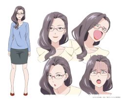 Rule 34 | 1girl, :d, :o, black skirt, blue shirt, blue sweater, brown eyes, brown hair, closed eyes, closed mouth, d:, glasses, happy, head out of frame, kami kuzu idol, long hair, looking at viewer, open mouth, shirt, simple background, skirt, smile, surprised, sweater, tongue, tsugiko (kamikuzu), very long hair, white background