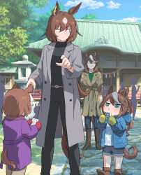 Rule 34 | 4girls, aged down, animal ears, belt, black pants, black sweater, blue eyes, blue jacket, blue shorts, boots, brown belt, brown coat, brown footwear, brown hair, buttons, coat, commentary request, double-breasted, ear ornament, earrings, full body, green jacket, hatsumoude, highres, horse ears, horse girl, horse tail, jacket, jewelry, long hair, long sleeves, mittens, mukakin, multiple girls, necklace, new year, open clothes, open coat, outdoors, pants, short hair, shorts, shrine, single earring, sirius symboli (umamusume), sweater, symboli rudolf (umamusume), tail, tokai teio (umamusume), tsurumaru tsuyoshi (umamusume), turtleneck, turtleneck sweater, umamusume, very long hair