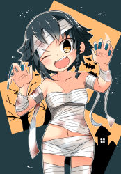Rule 34 | 10s, 1girl, absurdres, bandages, barashiya, black hair, blood, bloody bandages, blue nails, braid, breasts, brown eyes, cowboy shot, crescent moon, eyes visible through hair, fang, fingernails, girls und panzer, halloween costume, highres, long fingernails, looking at viewer, medium breasts, moon, mummy costume, nail polish, navel, night, night sky, one eye closed, open mouth, pepperoni (girls und panzer), short hair, side braid, sky, smile, solo, standing