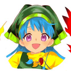 Rule 34 | 1girl, apron, blue hair, commentary request, dress, green apron, green headwear, green hood, haniyasushin keiki, happy, head scarf, highres, jewelry, keiki8296, long hair, looking at viewer, magatama, magatama necklace, necklace, open mouth, portrait, puffy short sleeves, puffy sleeves, purple eyes, short sleeves, simple background, single strap, solo, touhou, white background, yellow dress