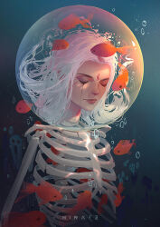 Rule 34 | 1girl, artist name, bubble, chin, closed eyes, closed mouth, commentary, english commentary, facial mark, fish, flame tattoo, floating hair, forehead mark, ghost, goldfish, helm, helmet, liquid from eyes, long hair, marking on cheek, mina fz., original, realistic, red lips, skeleton, solo, thick eyebrows, too many, too many fish, underwater, upper body, white hair
