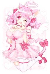 Rule 34 | 1girl, ;d, animal ears, bare shoulders, bow, breasts, cat ears, cat girl, cat tail, cleavage, commentary request, dress, fang, frilled dress, frills, hair bow, halo, heart, high heels, highres, large breasts, looking at viewer, mini wings, one eye closed, open mouth, original, pantyhose, pink bow, pink dress, pink hair, purple eyes, red bow, red footwear, shikito (yawa0w0), shoes, single leg pantyhose, single thighhigh, smile, solo, sparkle, strapless, strapless dress, tail, tail bow, tail ornament, thighhighs, two side up, white pantyhose, white thighhighs, white wings, wings