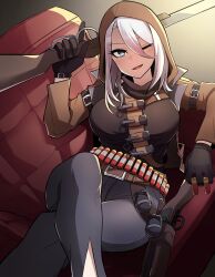 Rule 34 | 1girl, ;d, arm belt, bandolier, belt, black gloves, blue eyes, bright pupils, brown belt, bullet, collared jacket, commission, couch, crossed legs, double-barreled shotgun, explosive, flashbang, gloves, grenade, gun, hair between eyes, highres, holding, holding bullet, holding gun, holding weapon, holster, holstered, hood, hood up, hooded jacket, jacket, looking at viewer, on couch, one eye closed, open clothes, open jacket, open mouth, original, rifle, shotgun, shotgun shell, smile, solo, sung08ko, weapon, white hair