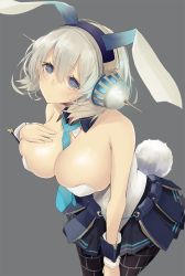 Rule 34 | 1girl, :&lt;, animal ears, bad id, bad pixiv id, between breasts, black skirt, blue eyes, blurry, blush, breasts, cleavage, depth of field, detached collar, fake animal ears, female focus, grey background, hand on own chest, headphones, large breasts, leotard, looking at viewer, necktie, necktie between breasts, oshiro project:re, pantyhose, playboy bunny, pleated skirt, rabbit ears, rabbit tail, shikano, shikano (oshiro project), short hair, shu-cem, silver hair, simple background, skindentation, skirt, solo, spikes, tail, wrist cuffs
