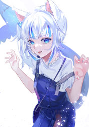 Rule 34 | 1girl, absurdres, animal ears, blue eyes, blue hair, cat ears, claw pose, commentary, cowboy shot, dice hair ornament, fins, fish tail, gawr gura, gawr gura (casual), hair ornament, highres, hololive, hololive english, kemonomimi mode, long hair, looking at viewer, multicolored hair, nail polish, official alternate costume, open mouth, overalls, pink nails, shark tail, shirt, short sleeves, side ponytail, smile, solo, streaked hair, symbol-only commentary, tail, tail raised, vardan, virtual youtuber, white background, white hair, white shirt