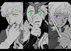 Rule 34 | 1girl, 2boys, black background, blood, blood on hands, blood on mouth, clenched teeth, dark-skinned male, dark skin, detached hood, dungeon meshi, ear covers, flute, furrowed brow, green eyes, greyscale, hashtag-only commentary, highres, holding, holding flute, holding instrument, holding staff, instrument, laios touden, long hair, looking at viewer, marcille donato, marcille donato (lord), medium hair, monochrome, multiple boys, purple eyes, short hair, sidelocks, spoilers, spot color, staff, sweat, tearing up, teeth, thistle (dungeon meshi), v-shaped eyebrows, yellow eyes, zarame pfpf