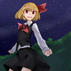 Rule 34 | 1girl, :d, ascot, bad id, bad pixiv id, blonde hair, blush, female focus, forest, hair ribbon, nature, night, night sky, open mouth, outdoors, plant, red eyes, ribbon, rumia, shirt, short hair, sitting, skirt, skirt set, sky, smile, solo, star (sky), starry sky, suminagashi, teeth, touhou, tree, vest, white shirt
