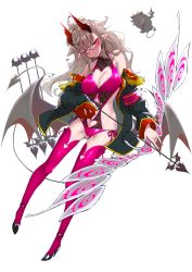 Rule 34 | 1girl, absurdres, arrow (projectile), bow (weapon), breasts, covered erect nipples, demon girl, glasses, grey hair, high heels, highres, holding, holding bow (weapon), holding weapon, horns, kingdom of legion, large breasts, long hair, midriff, nail polish, navel, pink thighhighs, pointy ears, red eyes, sarujie (broken monky), simple background, solo, thighhighs, very long hair, weapon, white background