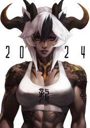 Rule 34 | 1girl, 2024, abs, absurdres, alternate form, animal ear fluff, animal ears, axis (monori rogue), black hair, breasts, brown lips, chinese zodiac, cleavage, commentary, dark-skinned female, dark skin, dragon girl, dragon horns, english commentary, eyebrow cut, hair between eyes, highres, horns, looking at viewer, medium breasts, monori rogue, multicolored hair, muscular, muscular female, original, paid reward available, portrait, red eyes, scales, short hair, solo, sports bra, two-tone hair, white background, white hair, white sports bra, year of the dragon