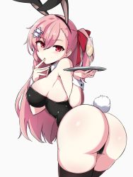 Rule 34 | 1girl, animal ears, ass, bare shoulders, black thighhighs, blush, bow, braid, breasts, detached collar, fake animal ears, fake tail, from behind, girls&#039; frontline, hair between eyes, hair ornament, hair ribbon, hairclip, hexagram, holding, holding tray, huge ass, kumasteam, large breasts, leotard, long hair, looking at viewer, looking back, negev (girls&#039; frontline), one side up, pink hair, playboy bunny, rabbit ears, rabbit tail, red bow, red eyes, ribbon, simple background, solo, star of david, tail, thick thighs, thighhighs, thighs, tray, wide hips, wrist cuffs