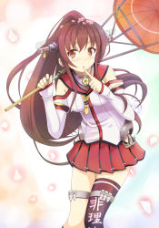 Rule 34 | 10s, 1girl, :o, anchor, black thighhighs, blush, brown eyes, brown hair, cherry blossoms, detached sleeves, finger to mouth, flower, hair flower, hair ornament, headgear, kantai collection, kuroma (no plan), long hair, oil-paper umbrella, petals, pleated skirt, ponytail, single thighhigh, skirt, solo, thigh strap, thighhighs, umbrella, very long hair, yamato (kancolle)