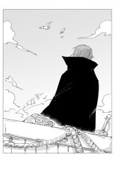 Rule 34 | 1boy, border, cape, from behind, greyscale, kankan33333, male focus, monochrome, musical note, one piece, one piece film: red, outdoors, seashell, shanks (one piece), shell, ship, solo, sword, watercraft, weapon, white border