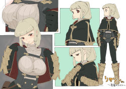 Rule 34 | 1girl, armor, black gloves, blonde hair, blush, breasts, brown eyes, capelet, character request, closed mouth, copyright request, gloves, green capelet, grey sweater, large breasts, looking at viewer, man (man-room), multiple views, ponytail, pouch, ribbed sweater, smile, sweater, undressing
