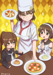 Rule 34 | 10s, 3girls, alternate costume, black serafuku, breasts, brown eyes, brown hair, chef hat, chef, commentary request, detached sleeves, food, fumizuki (kancolle), glasses, hairband, hat, headdress, holding, kantai collection, large breasts, long hair, long sleeves, misumi (niku-kyu), multiple girls, natori (kancolle), necktie, open mouth, pince-nez, ponytail, risotto, roma (kancolle), school uniform, serafuku, short hair, smile, triangle mouth