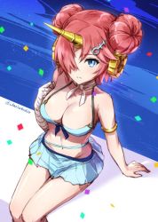 Rule 34 | 1girl, arm support, armlet, bandaged arm, bandages, bare shoulders, bikini, blue bikini, blue eyes, blue skirt, blush, breasts, cleavage, closed mouth, confetti, double bun, fate/apocrypha, fate (series), frankenstein&#039;s monster (fate), frankenstein&#039;s monster (swimsuit saber) (second ascension) (fate), hair bun, hair ornament, hair over eyes, headgear, horns, large breasts, looking at viewer, navel, pink hair, reika (clovia studio), short hair, single horn, sitting, skirt, solo, stomach, swimsuit, twitter username