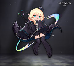 Rule 34 | 1girl, :o, arknights, beret, black hat, black jacket, black skirt, black thighhighs, blonde hair, blue eyes, durin (arknights), full body, hat, holding, holding wand, jacket, lataedelan, long sleeves, looking at viewer, magic, medium hair, pointy ears, shirt, skirt, solo, thighhighs, wand, white shirt