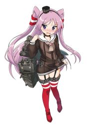 Rule 34 | 1girl, alternate hairstyle, amatsukaze (kancolle), amatsukaze (kancolle) (cosplay), arm at side, black dress, black hairband, black headwear, blush, commentary request, cosplay, dress, dress tug, full body, garter straps, grey neckerchief, hair tubes, hairband, hand up, hat, highres, hiiragi kagami, hotaru iori, ichimi renge, kantai collection, lifebuoy ornament, long hair, long sleeves, looking at viewer, lucky star, mini hat, neckerchief, purple eyes, purple hair, red thighhighs, rigging, rudder footwear, sailor collar, sailor dress, second-party source, see-through, short dress, simple background, solo, standing, striped clothes, striped thighhighs, thighhighs, two side up, very long hair, white background, white sailor collar
