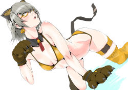 Rule 34 | 1girl, absurdres, all fours, asymmetrical legwear, bikini, breasts, brown gloves, cleavage, detached collar, dutch angle, earrings, food-themed earrings, food themed earrings, girls&#039; frontline, glasses, gloves, hair between eyes, highres, jewelry, kimuwaipu, looking at viewer, open mouth, pumpkin earrings, semi-rimless eyewear, shiny skin, short hair, silver hair, simple background, single thighhigh, small breasts, solo, swimsuit, thighhighs, under-rim eyewear, underboob, uneven legwear, vector (girls&#039; frontline), white background, wing collar, yellow-framed eyewear, yellow bikini, yellow eyes, yellow thighhighs