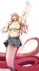 Rule 34 | 10s, 1girl, :d, breasts, breasts apart, cleavage, fang, hair ornament, hairclip, harusaki rio, highres, huge breasts, lamia, long hair, miia (monster musume), monster girl, monster musume no iru nichijou, navel, open mouth, pointing, pointing up, pointy ears, red hair, scales, shirt, skirt, slit pupils, smile, solo, tied shirt, unmoving pattern, yellow eyes