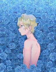 Rule 34 | 1boy, blonde hair, blue eyes, blue flower, blue rose, bomhat, commentary, eugeo, floral background, flower, from side, highres, male focus, nude, parted lips, profile, rose, short hair, solo, sword art online, upper body
