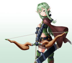 Rule 34 | 10s, 1girl, :o, arrow (projectile), black gloves, black thighhighs, bow (weapon), brown cape, brown shorts, cape, chisi, cowboy shot, garter straps, gloves, goblin slayer!, gradient background, green eyes, green hair, hair between eyes, high elf archer (goblin slayer!), highres, holding, holding arrow, holding bow (weapon), holding weapon, long hair, looking at viewer, midriff, open mouth, pointy ears, short shorts, shorts, solo, standing, thighhighs, weapon, white background