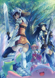 Rule 34 | 3girls, ahoge, angry, armor, arrow (projectile), ass, black hair, blue eyes, blue striped panties, blush, bow (weapon), breasts, brown hair, butt crack, cleavage, clenched teeth, clothes theft, dress, fantasy, faulds, forest, frills, frown, gathers, gauntlets, greaves, green eyes, green striped panties, hair ornament, highres, kitiroku, large breasts, multiple girls, nature, no panties, object on head, orange dress, original, panties, panties on head, pink hair, pink striped panties, purple eyes, shoulder armor, skull hair ornament, striped clothes, striped panties, sword, teeth, theft, thighhighs, tree, underwear, underwear theft, unworn panties, vambraces, visor (armor), wand, weapon
