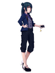 Rule 34 | 1girl, :o, belt buckle, black footwear, black pants, blouse, blue hair, blue jacket, blue shirt, blunt bangs, blush, buckle, buttons, capri pants, charm (object), collared shirt, full body, ginopi, hair bun, hand on own hip, high heels, highres, holding, holding phone, jacket, long hair, long sleeves, looking at viewer, love live!, love live! sunshine!!, no socks, open clothes, open jacket, pants, parted lips, phone, pink eyes, pinstripe pattern, pinstripe vest, plaid, plaid shirt, shirt, side bun, simple background, single side bun, solo, standing, straight hair, striped clothes, striped vest, tsushima yoshiko, vertical-striped clothes, vertical-striped vest, vest, white background, wing collar