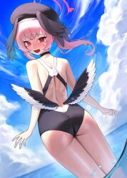 Rule 34 | 1girl, absurdres, alternate costume, ass, back, bare shoulders, beret, black hat, black wings, blue archive, blush, cloud, collarbone, commentary, competition swimsuit, cowboy shot, day, feathered wings, from behind, halo, hat, head wings, highres, koharu (blue archive), looking at viewer, looking back, low wings, ocean, one-piece swimsuit, open mouth, outdoors, pink eyes, pink hair, pink halo, red halo, sbgu, solo, standing, swimsuit, twintails, wading, water, wings