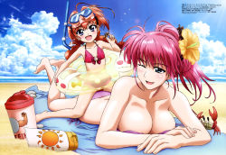 Rule 34 | 2girls, absurdres, artist request, barefoot, beach, bikini, blue eyes, blue sky, blush, braid, breasts, cleavage, collarbone, crab, day, eyes visible through hair, flat chest, flower, hair flower, hair intakes, hair ornament, highres, innertube, large breasts, long hair, looking at another, looking back, lying, lyrical nanoha, mahou shoujo lyrical nanoha, mahou shoujo lyrical nanoha a&#039;s, megami magazine, multiple girls, navel, ocean, official art, on stomach, open mouth, orange hair, outdoors, pink hair, ponytail, red bikini, scan, shiny skin, signum, sitting, sitting on person, size difference, sky, smile, snorkel, swim ring, swimsuit, towel, twin braids, untied bikini, vita (nanoha), water