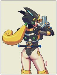 Rule 34 | 1girl, alternate color, android, armor, artist name, ass, blonde hair, blue eyes, breasts, commentary, fishnets, from behind, helmet, highres, joints, leotard, long hair, looking back, marino (mega man), medium breasts, mega man (series), mega man x (series), own hands together, parted lips, robot joints, ryan jampole, shiny skin, signature, simple background, smile, solo, thighs