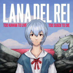 Rule 34 | 1girl, absolum art, album cover, album cover redraw, ayanami rei, blue hair, blue sky, born to die (lana del rey), cloud, cover, day, derivative work, english text, expressionless, frown, hair between eyes, highres, lana del rey, lcl, long neck, looking at viewer, name connection, neon genesis evangelion, parody, pun, red eyes, romaji text, ruins, school uniform, signature, sky, solo, tokyo-3 middle school uniform, upper body